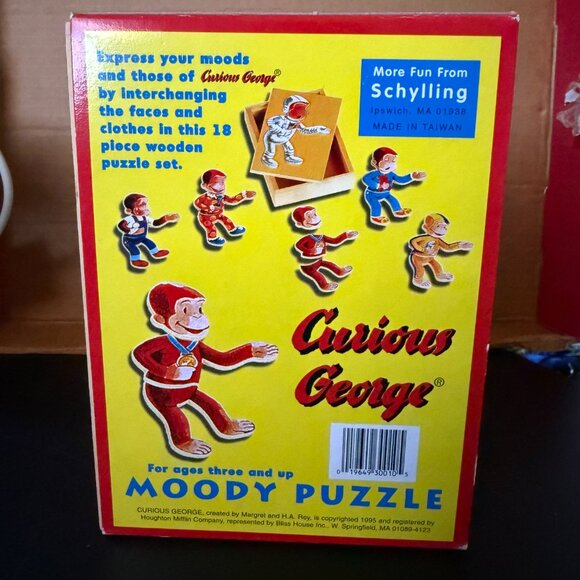 Curious George 1995 Schylling Moody New In Box 18 Piece Vintage Wood Puzzle Set - Picture 3 of 3